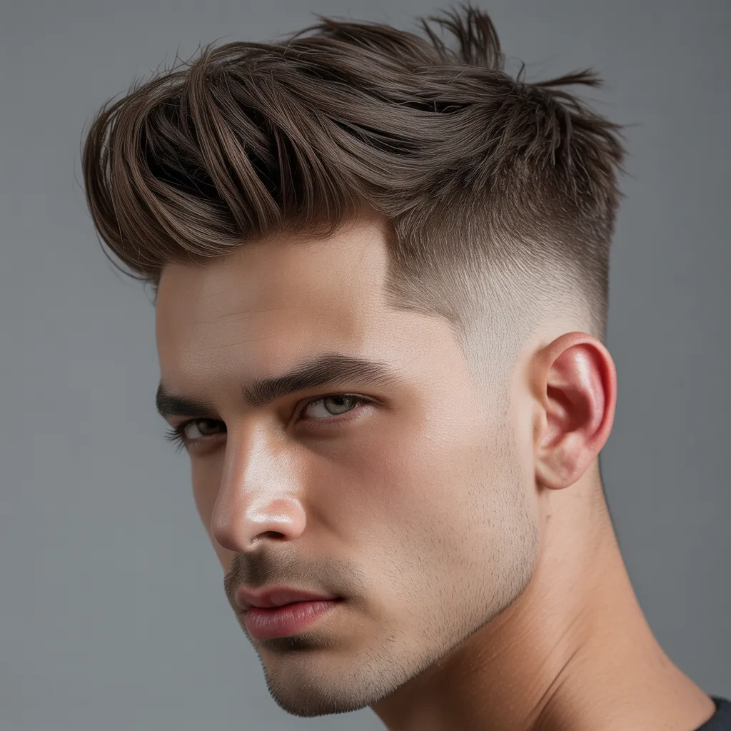 Hombre con quiff y fade degradado, quiff voluminoso arriba y lados desvanecidos, corte moderno y elegante, estilo barbería profesional 2026