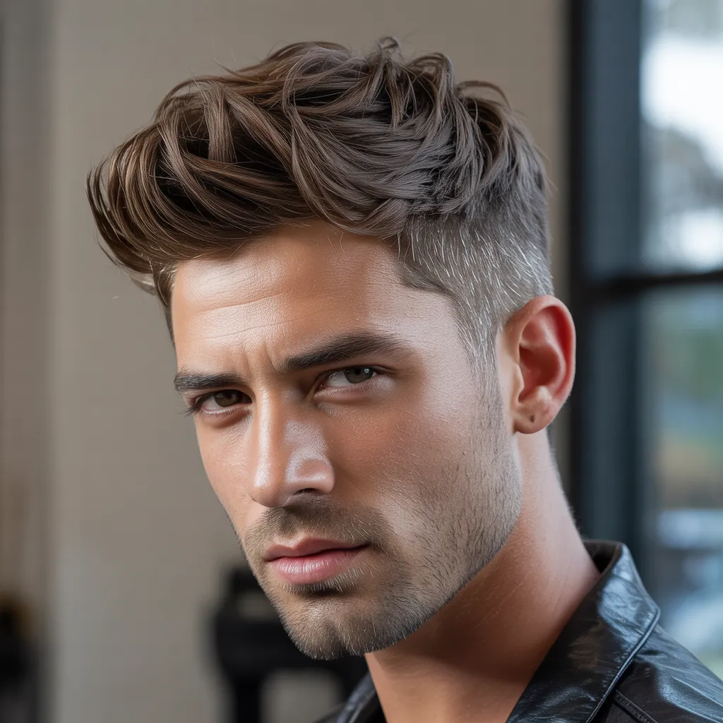 Hombre con quiff corto despeinado, peinado moderno y relajado, textura natural, estilo masculino fácil de mantener, tendencia 2026