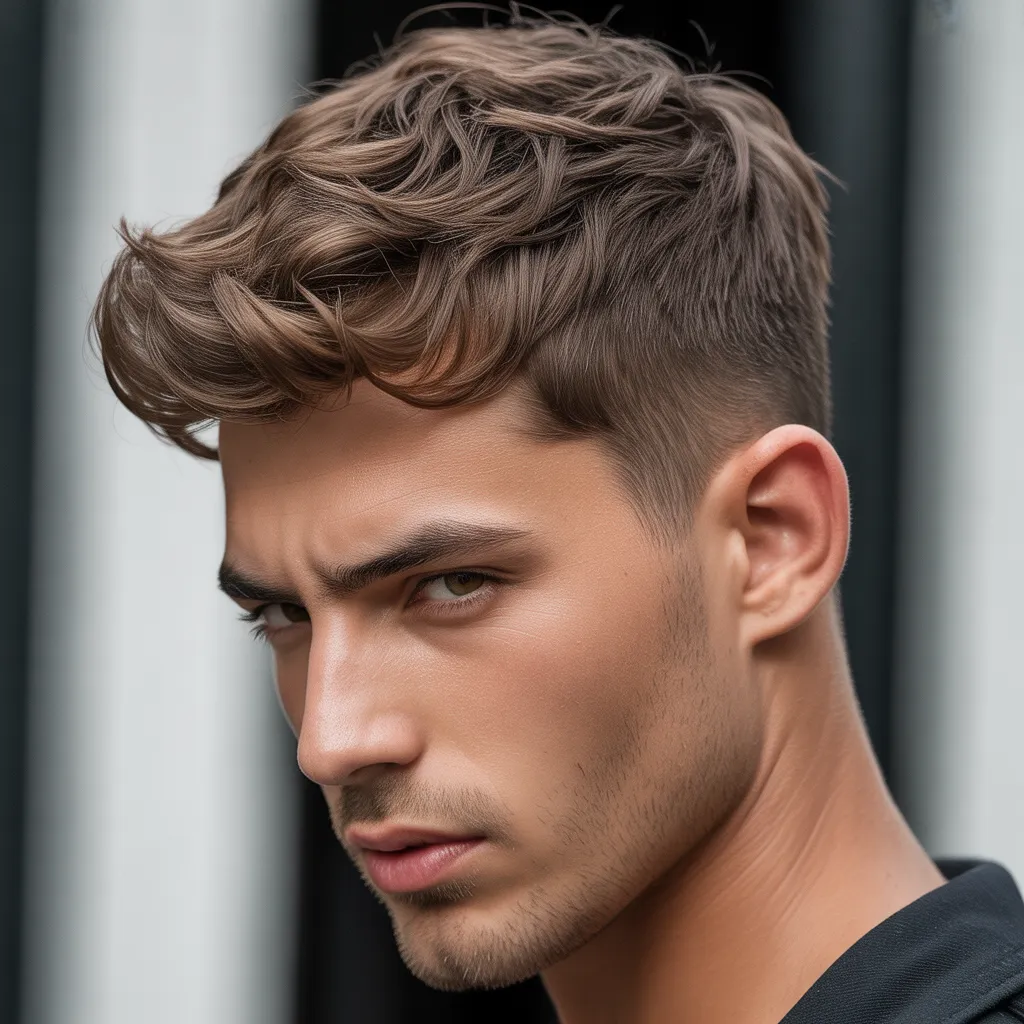 Hombre con quiff corto despeinado, peinado moderno y relajado, textura natural, estilo masculino fácil de mantener, tendencia 2026