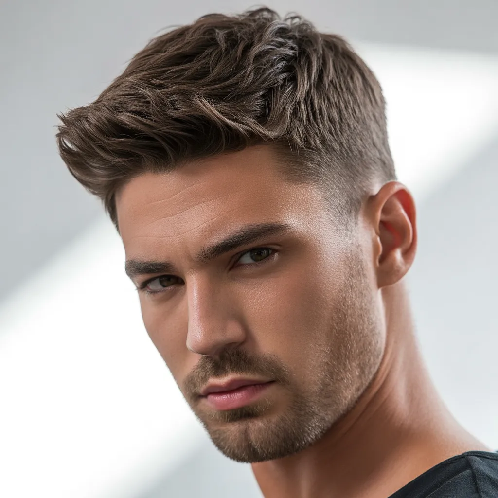 Hombre con quiff corto despeinado, peinado moderno y relajado, textura natural, estilo masculino fácil de mantener, tendencia 2026