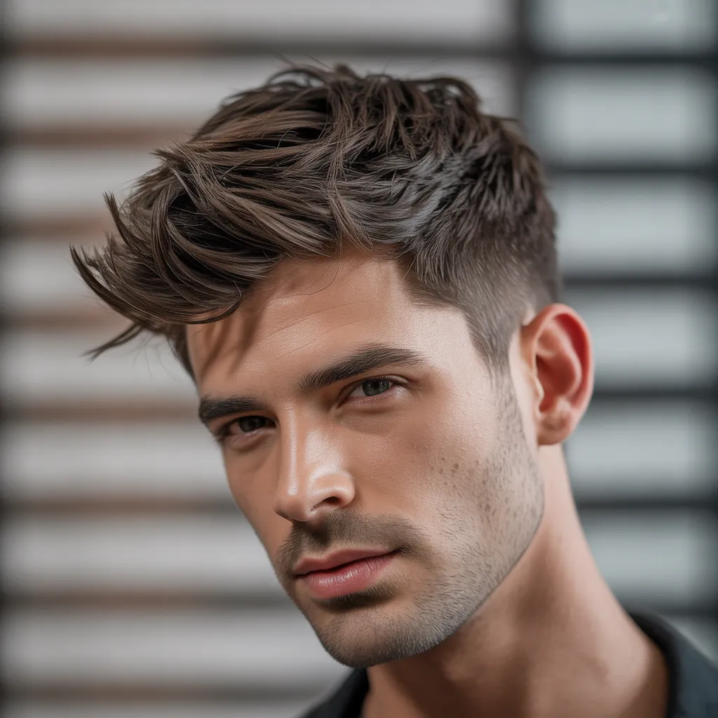 Hombre con quiff corto despeinado, peinado moderno y relajado, textura natural, estilo masculino fácil de mantener, tendencia 2026