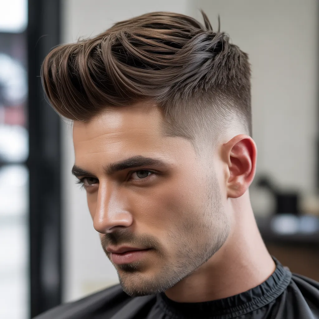 Hombre con quiff y fade medio, lados desvanecidos y quiff estructurado arriba, peinado elegante y equilibrado, tendencia barbería masculina 2026