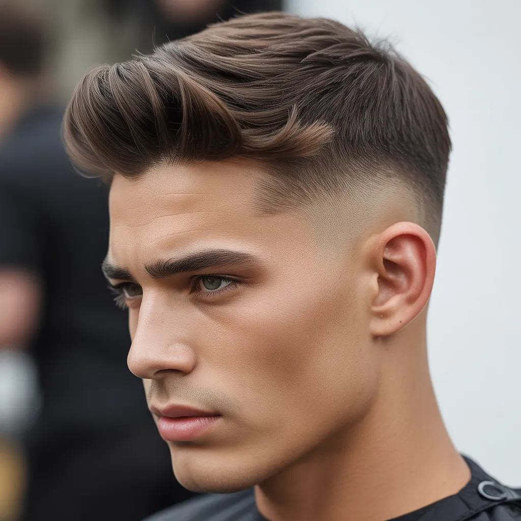 Hombre con quiff y fade medio, lados desvanecidos y quiff estructurado arriba, peinado elegante y equilibrado, tendencia barbería masculina 2026