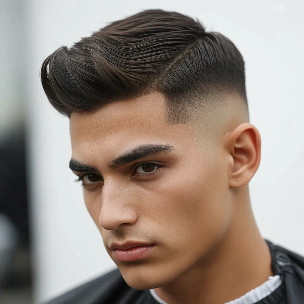Hombre con quiff y fade medio, lados desvanecidos y quiff estructurado arriba, peinado elegante y equilibrado, tendencia barbería masculina 2026