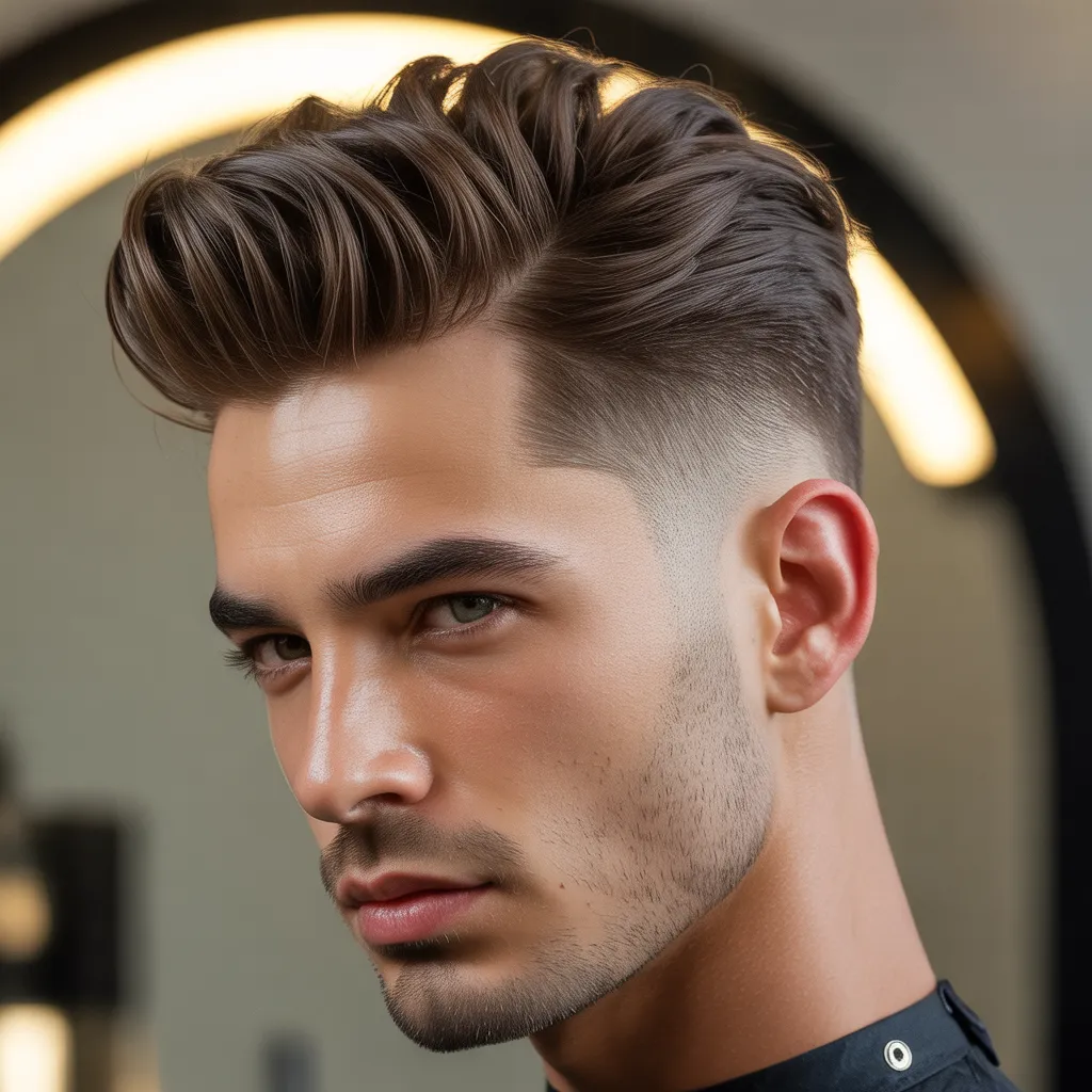 Hombre con quiff y fade medio, lados desvanecidos y quiff estructurado arriba, peinado elegante y equilibrado, tendencia barbería masculina 2026
