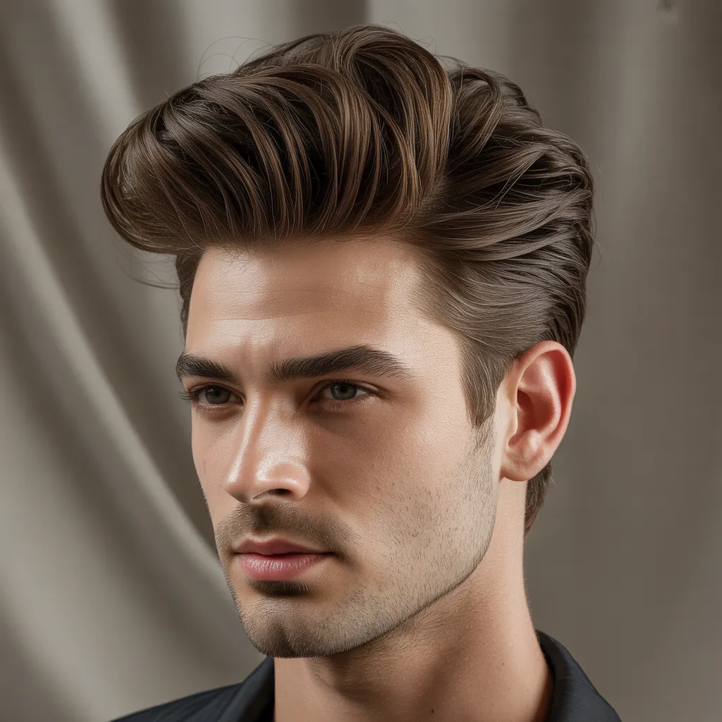 Hombre con quiff de longitud media, quiff voluminoso hacia arriba, lados limpios, peinado elegante y equilibrado, estilo clásico moderno 2026