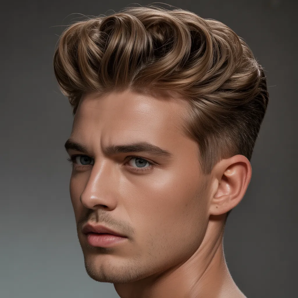 Hombre con quiff de longitud media, quiff voluminoso hacia arriba, lados limpios, peinado elegante y equilibrado, estilo clásico moderno 2026