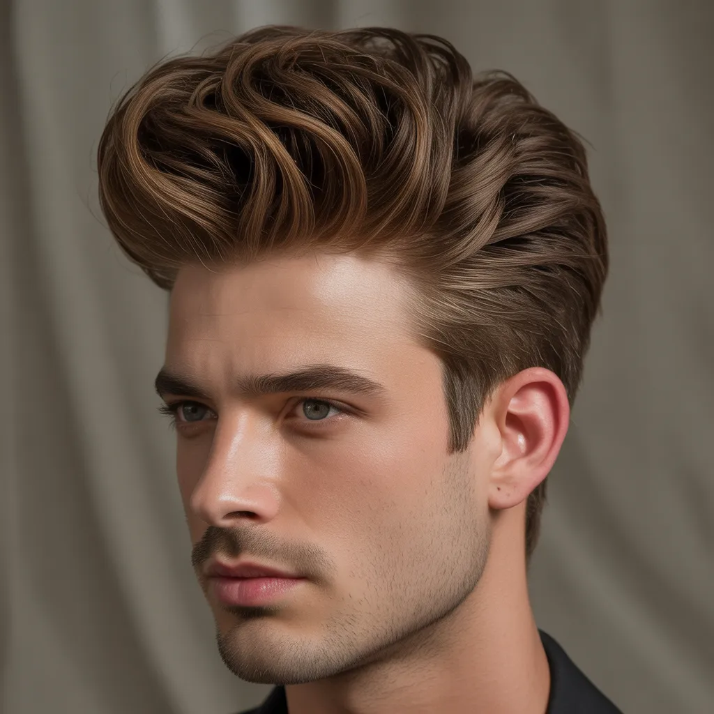 Hombre con quiff de longitud media, quiff voluminoso hacia arriba, lados limpios, peinado elegante y equilibrado, estilo clásico moderno 2026