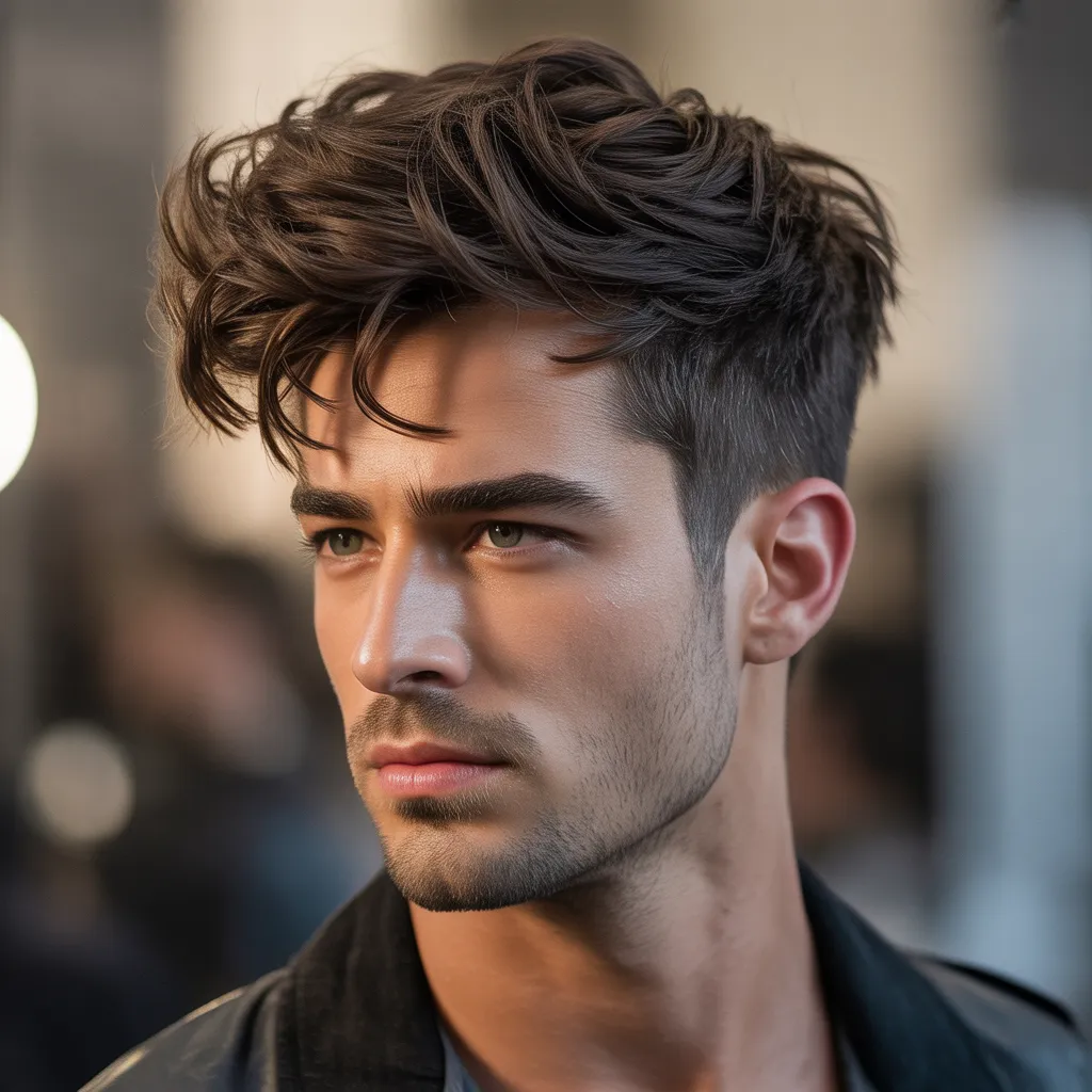 Hombre con quiff medio despeinado, volumen flexible y movimiento natural, estilo moderno y estilizado, peinado masculino 2026
