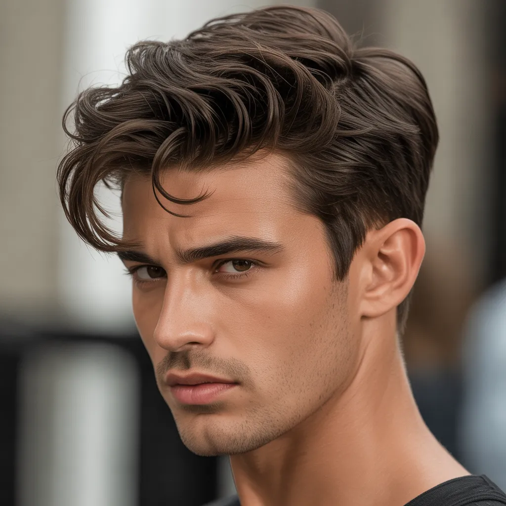 Hombre con quiff medio despeinado, volumen flexible y movimiento natural, estilo moderno y estilizado, peinado masculino 2026