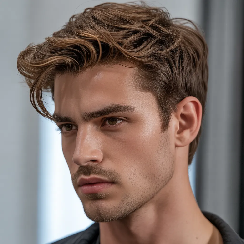 Hombre con quiff medio despeinado, volumen flexible y movimiento natural, estilo moderno y estilizado, peinado masculino 2026