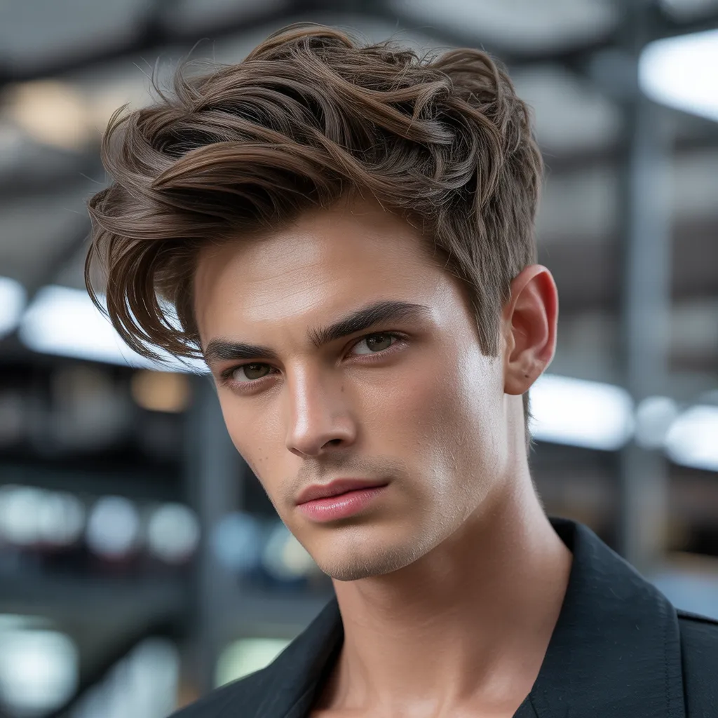 Hombre con quiff medio despeinado, volumen flexible y movimiento natural, estilo moderno y estilizado, peinado masculino 2026