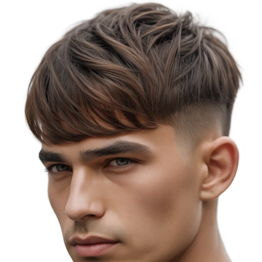 Hombre con quiff texturizado de longitud media, volumen natural y capas visibles, peinado moderno masculino con acabado mate, tendencia 2026