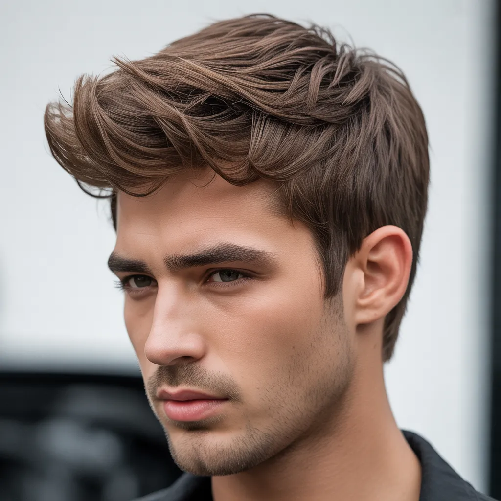 Hombre con quiff texturizado de longitud media, volumen natural y capas visibles, peinado moderno masculino con acabado mate, tendencia 2026