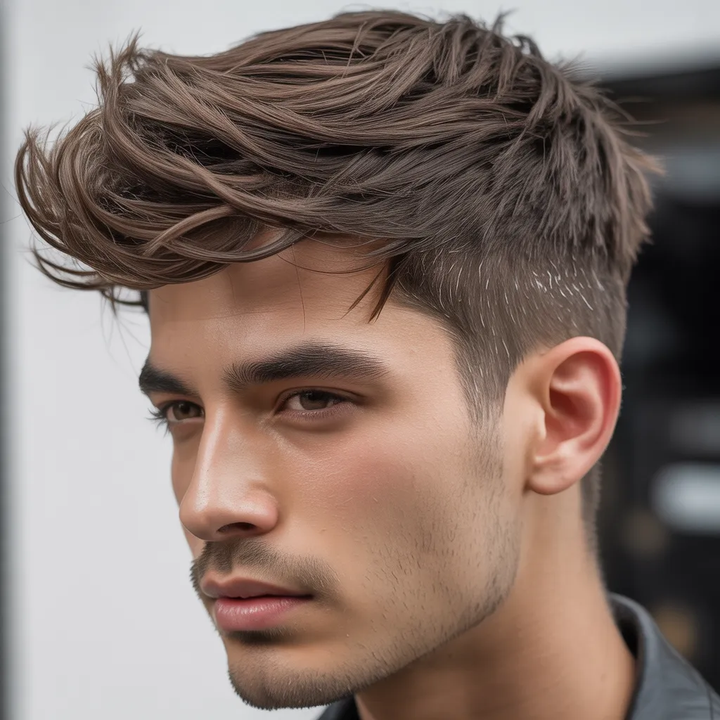 Hombre con quiff texturizado de longitud media, volumen natural y capas visibles, peinado moderno masculino con acabado mate, tendencia 2026