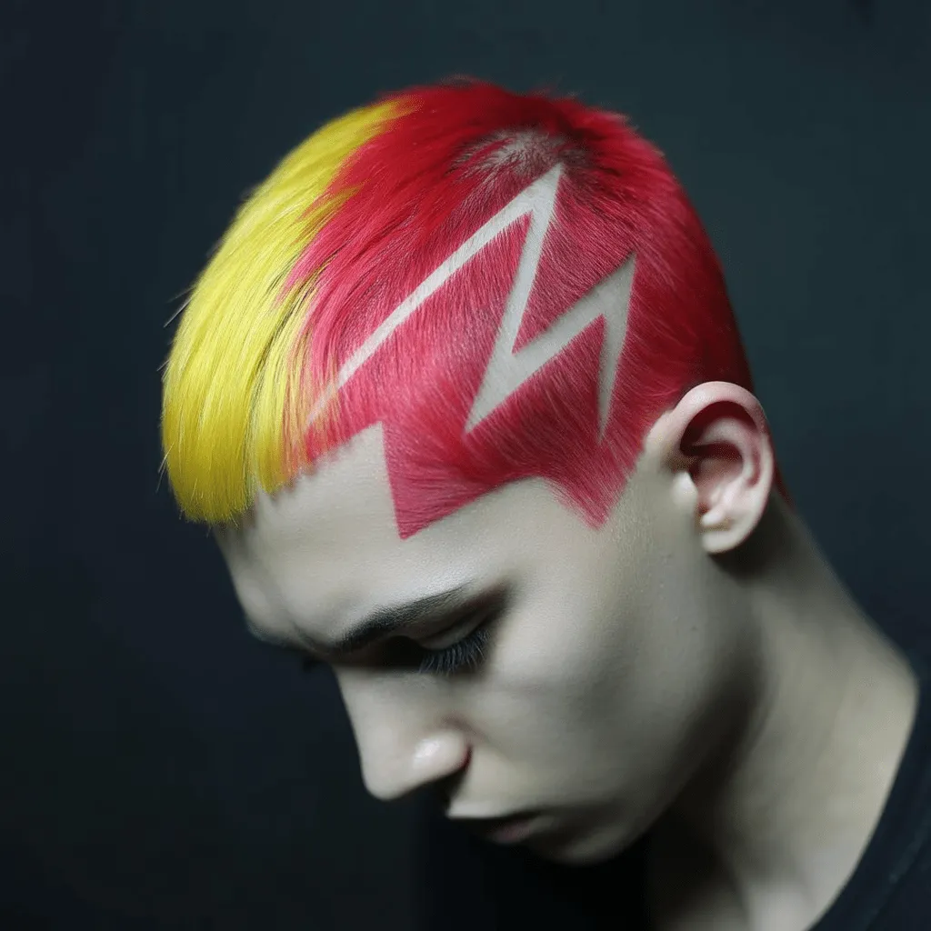 Corte moderno con rayo coloreado y fade alto llamativo.