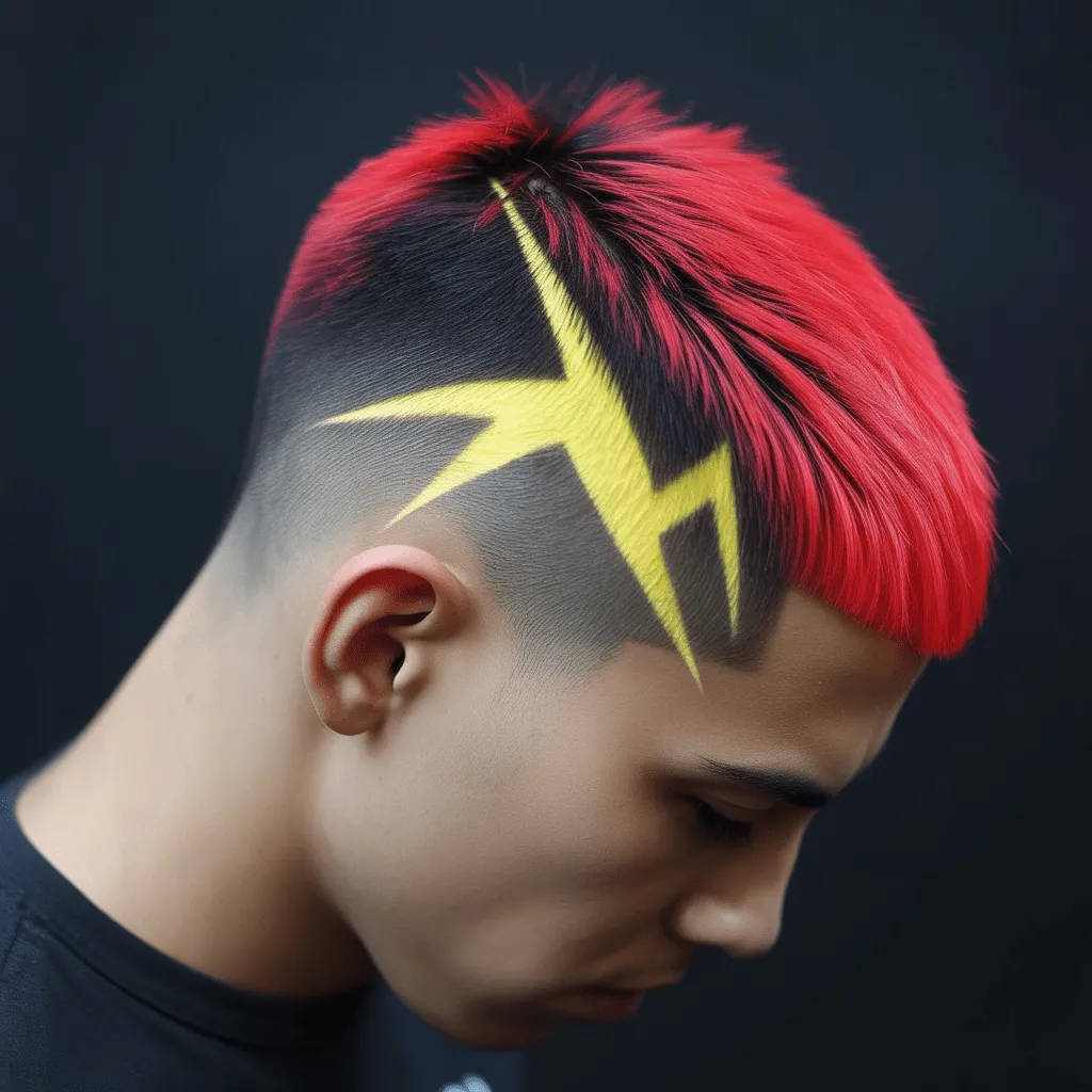 Corte Lightning Bolt con rayo teñido amarillo y fade alto creativo.