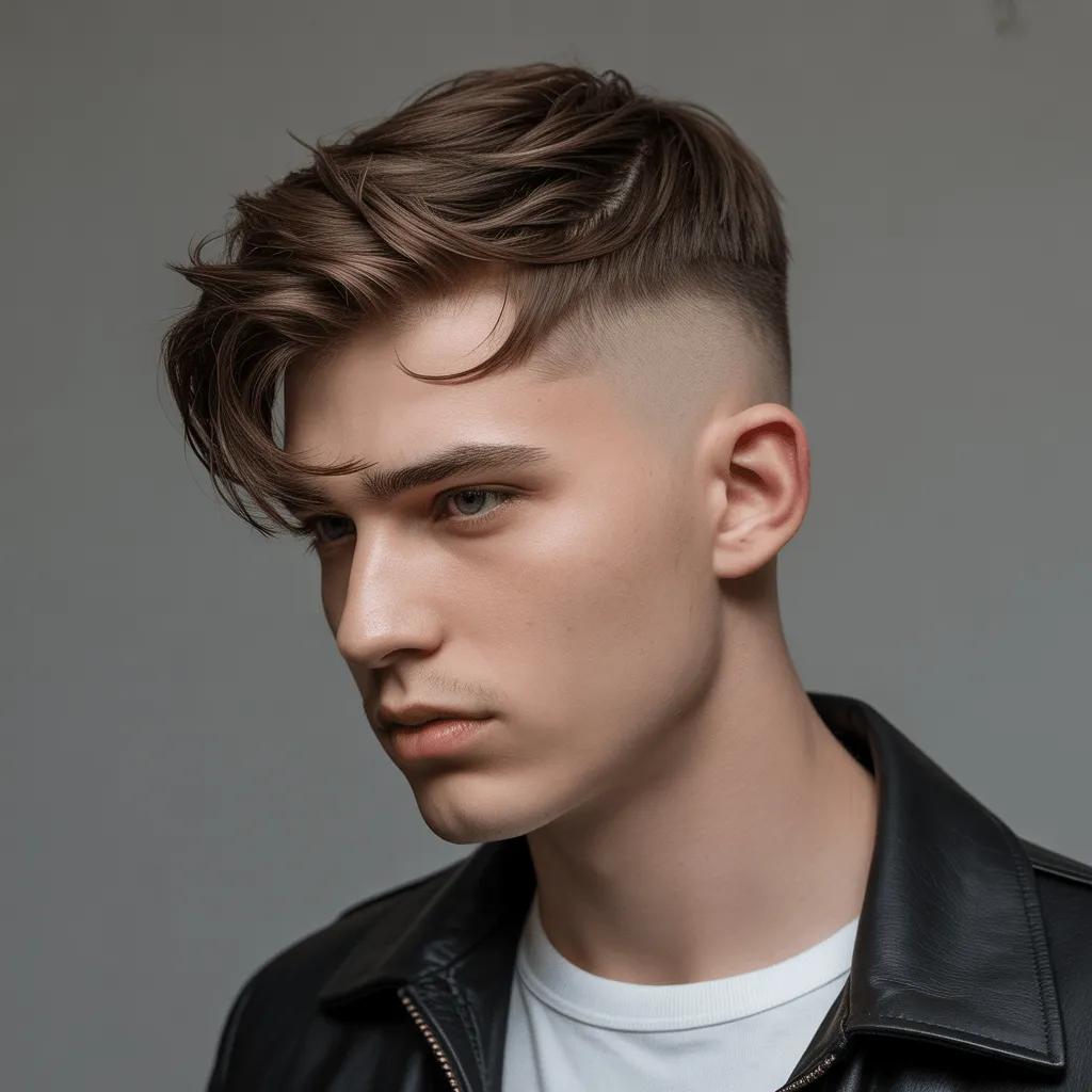 Hombre con undercut low fade y flequillo texturizado hacia adelante