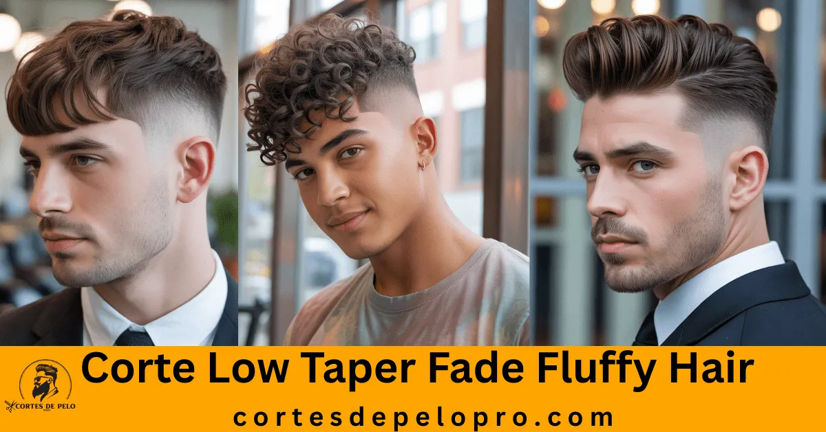 Primer plano de un hombre con un degradado bajo y rizos esponjosos y con textura en la parte superior, que desprende un estilo moderno y desenfadado., Degradado bajo con flequillo lateral suave, que da un aspecto pulido pero informal a los hombres con caras redondas o cuadradas. Corte Low Taper Fade Fluffy Hair