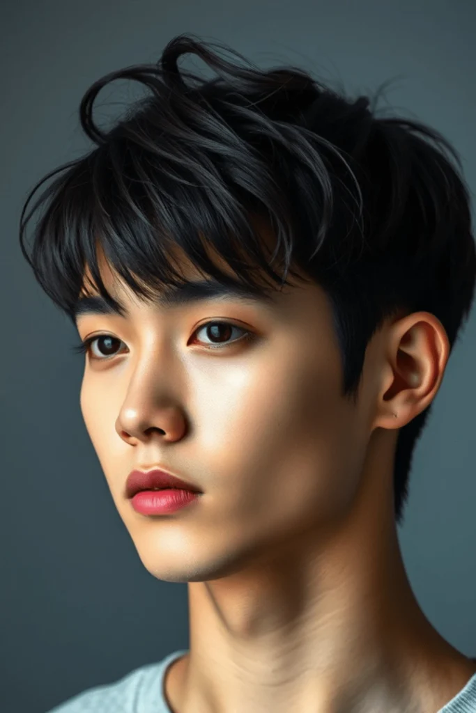 Wolf cut estilo K-Pop para hombres, cabello oscuro con capas elegantes y frontal estilo cortina, wolf cut para hombres