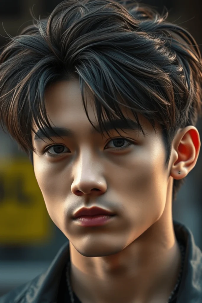 Wolf cut largo y despeinado para hombres jóvenes, capas voluminosas y estilo moderno inspirado en streetwear, wolf cut para hombres