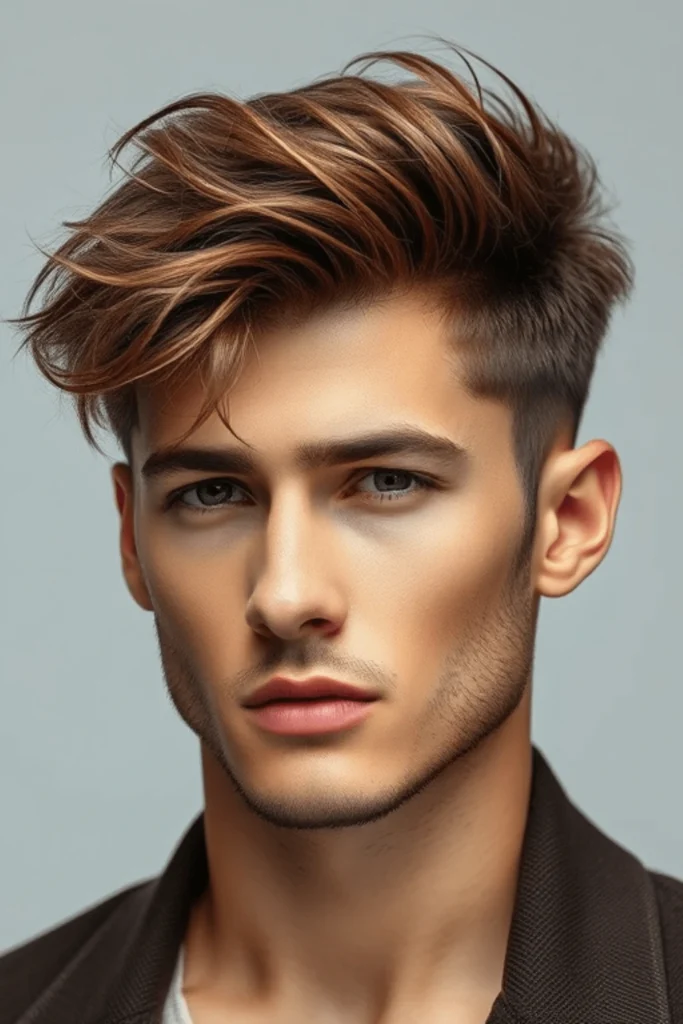 Wolf cut masculino 2025 en estilo realista, cabello en capas con textura moderna y ondas suaves en estudio profesional, wolf cut para hombres