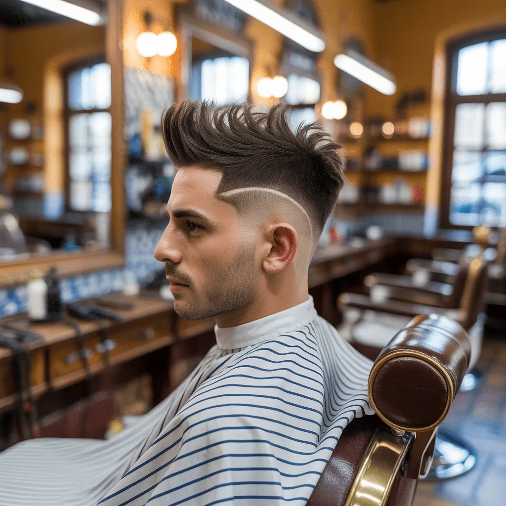 Primer plano ultra-realista en 8K de un hombre con un peinado fohawk fade recién hecho, estilizado para resaltar la textura. El retrato detallado se ambienta en el fondo cálido y atmosférico de una barbería española.