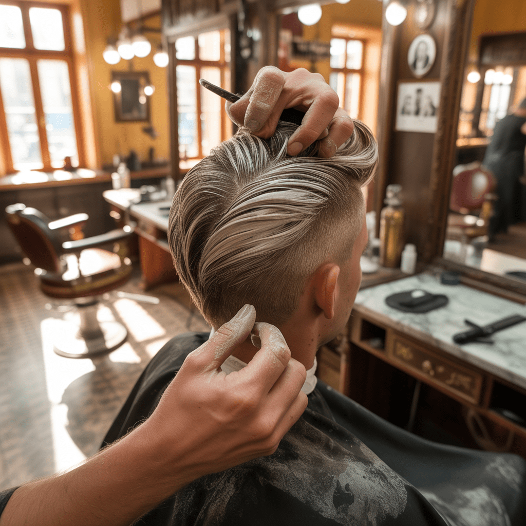 Escena ultra-realista 8K de un barbero aplicando arcilla mate para estilizar un corte fohawk. Primer plano de las manos expertas bajo luz cálida natural, ambientado en una barbería. corte fohawk