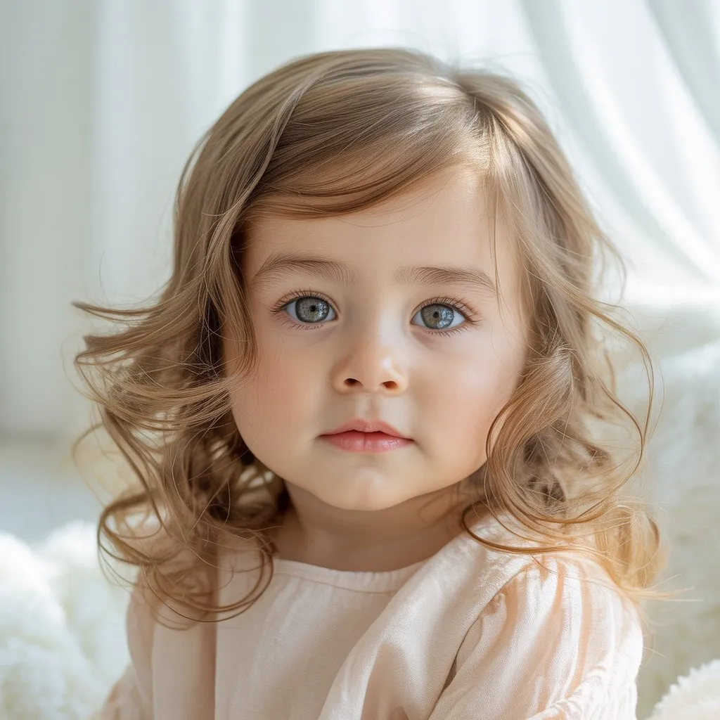 Bebé con estilo de pelo moderno de largo medio, cortes de pelo para bebés