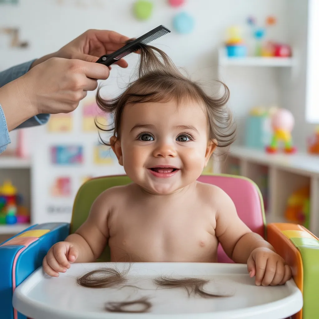 Peluquería infantil con bebé disfrutando su primer corte de cabello