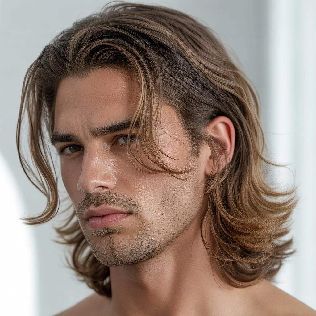 Retrato ultra realista de hombre con cabello largo y capas suaves, estilo masculino editorial para 2025.