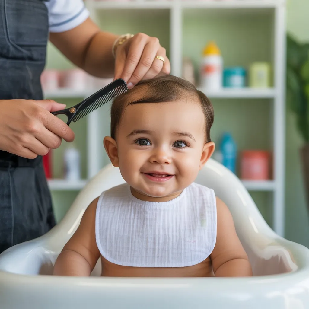 Bebé feliz recibiendo su primer corte de pelo en un salón iluminado. cortes de pelo para bebés