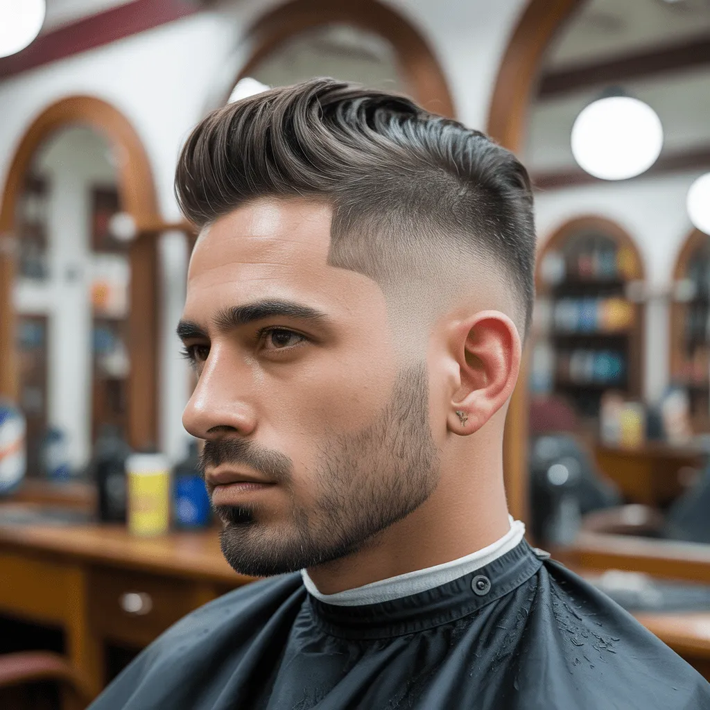 Foto ultra-realista 8K de un hombre moderno mostrando un corte de pelo fohawk fade limpio y de alto contraste. La iluminación natural destaca la textura detallada del cabello. Fondo de una barbería tradicional española. corte fohawk