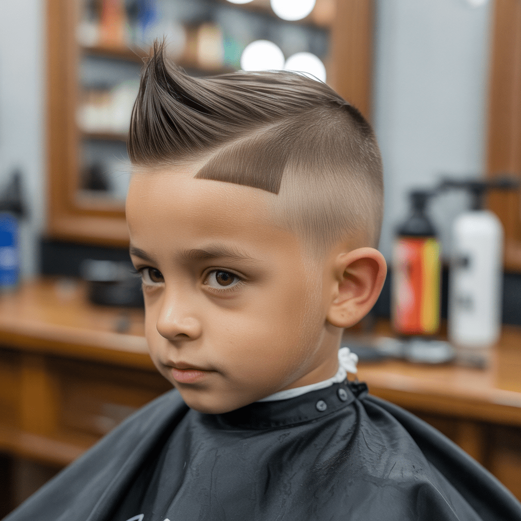 Foto ultra-realista 8K de un niño con un moderno corte fohawk con low fade limpio. La iluminación suave resalta la textura detallada en el ambiente de una barbería infantil. corte fohawk