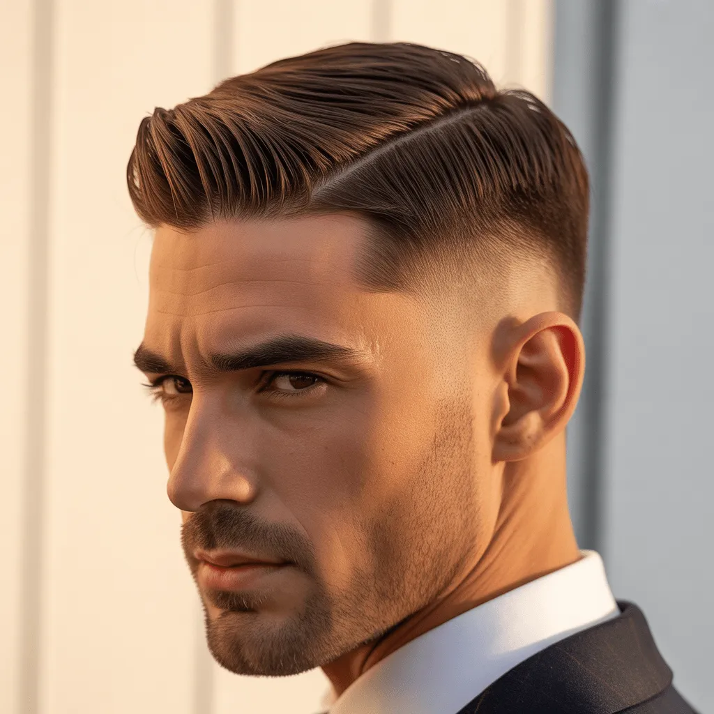 Corte Guard 16 en hombre con estilo profesional y parte lateral profunda, iluminación cálida y fondo neutral.