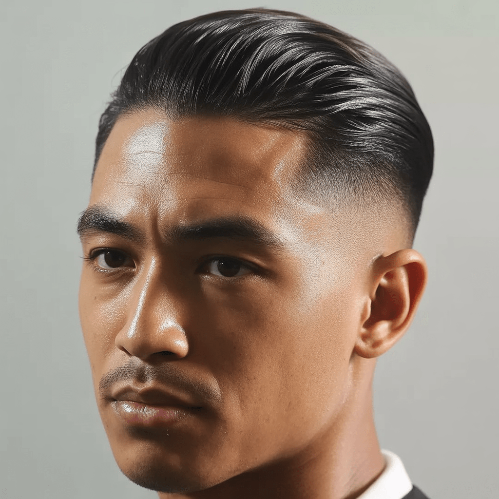 Corte Guard 16 con estilo slicked-back usando pomada, look pulido y elegante con fondo neutro.