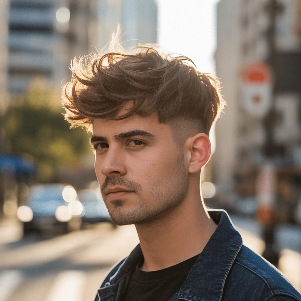 Hombre con corte Guard 16 texturizado, cabello con volumen, luz de sol suave que resalta el estilo urbano.