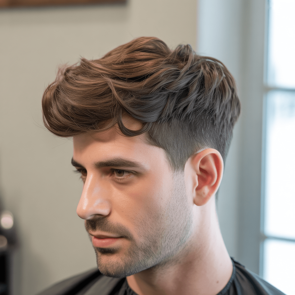 Corte Guard 16 en hombre con cabello voluminoso y textura natural, luz suave que resalta el estilo cuidado.