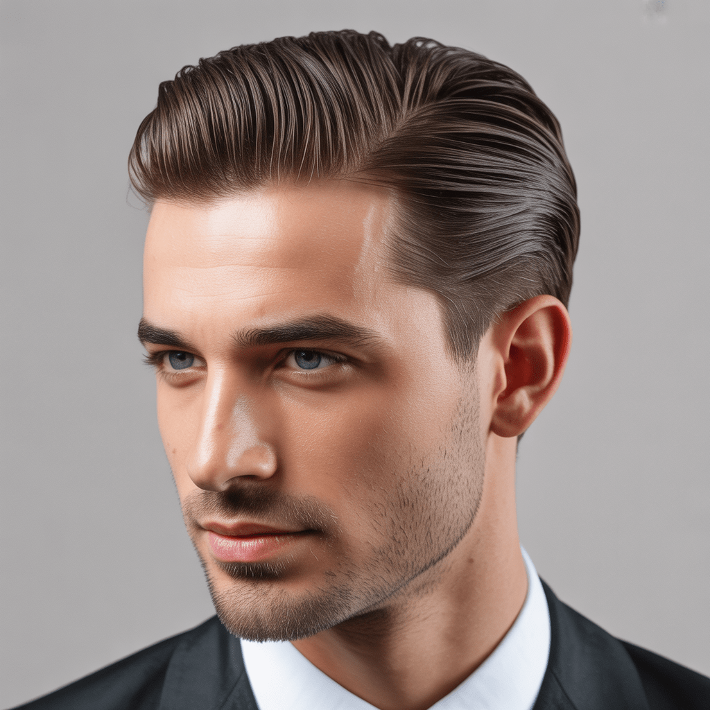 Estilo slicked-back con corte Guard 16, cabello perfectamente peinado con pomada y luz suave de fondo.
