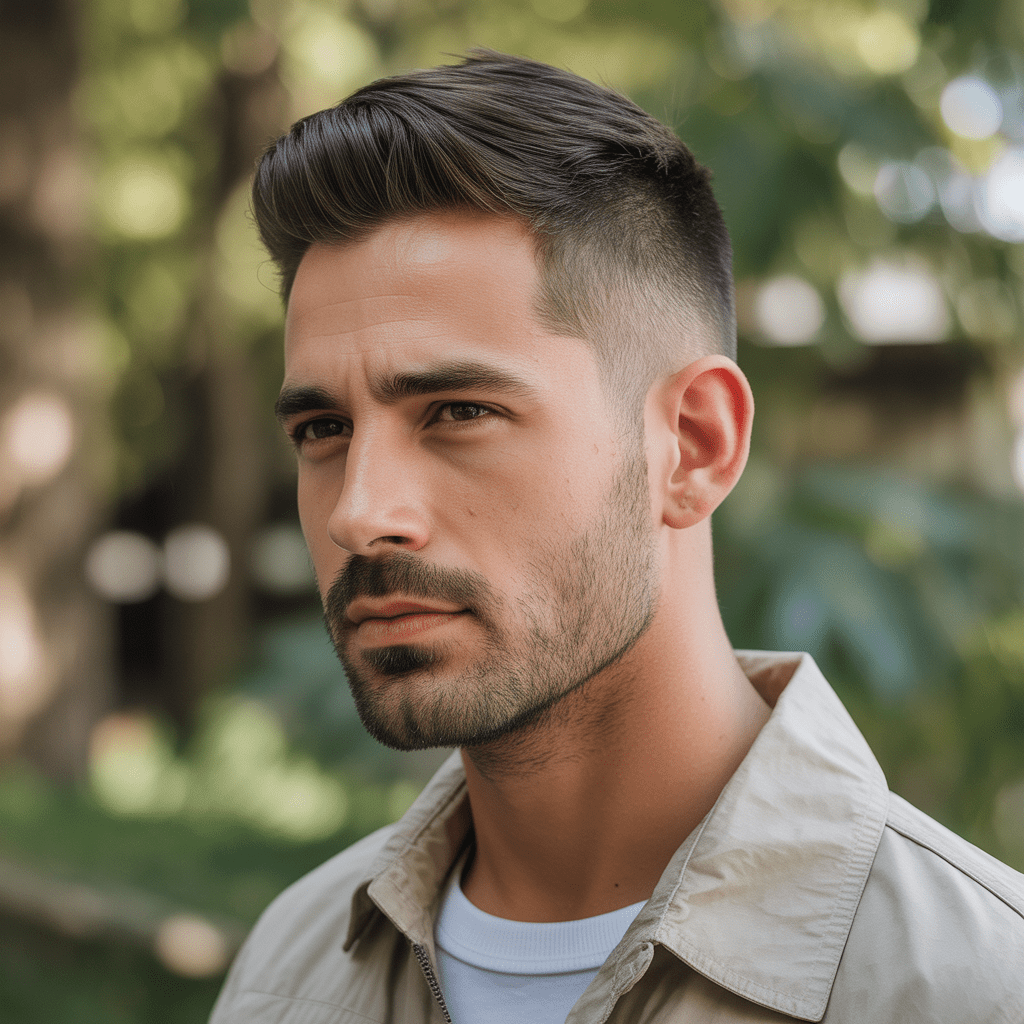 Hombre con corte Guard 16, look natural sin producto, luz suave que resalta el estilo relajado.