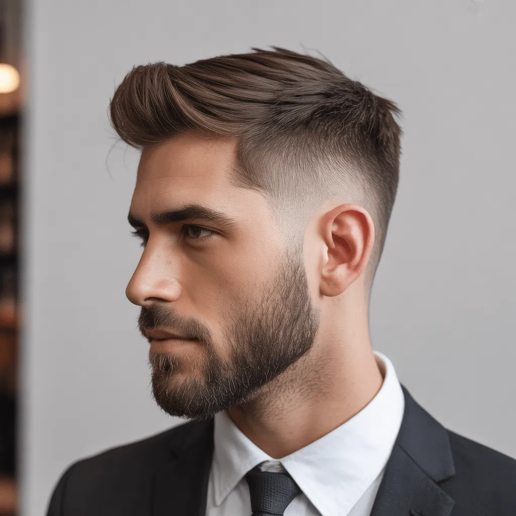 Corte Guard 16 en hombre con parte lateral profunda, estilo profesional y elegante, fondo minimalista y luz cálida.