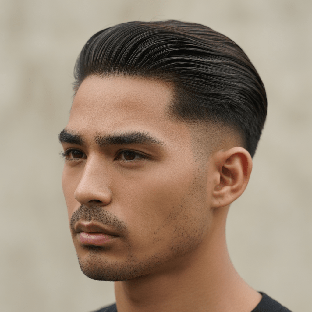 Corte de pelo Guard 16 con estilo slicked-back, acabado pulido y elegante, luz suave y fondo neutro.