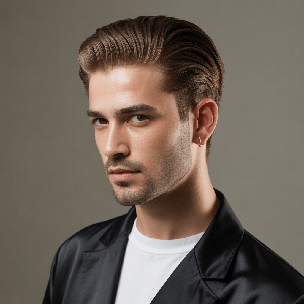 Corte de pelo Guard 16 con estilo slicked-back, uso de pomada, look pulido con luz suave.