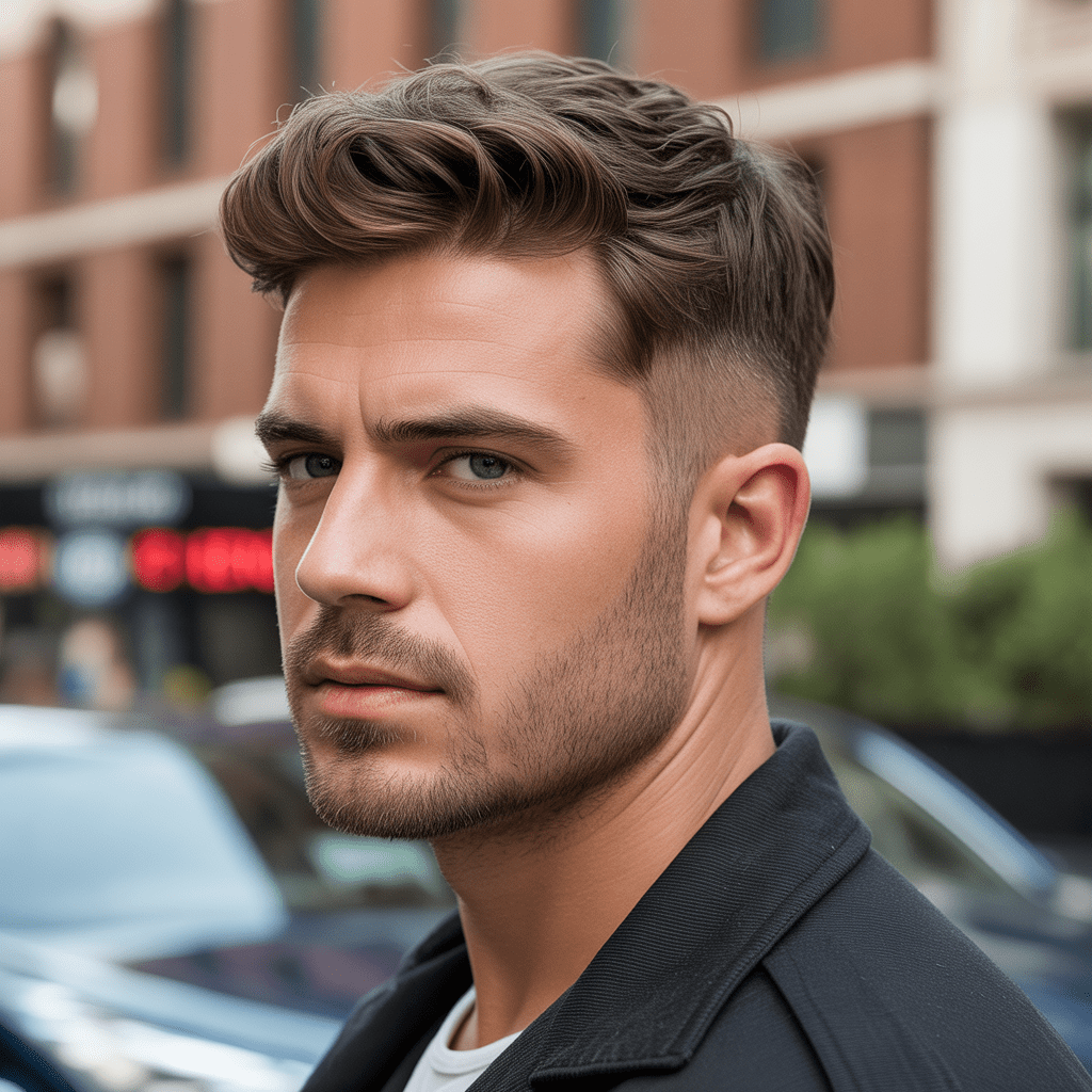 Estilo texturizado con corte Guard 16, cabello voluminoso y cuidado, iluminado con luz natural suave.