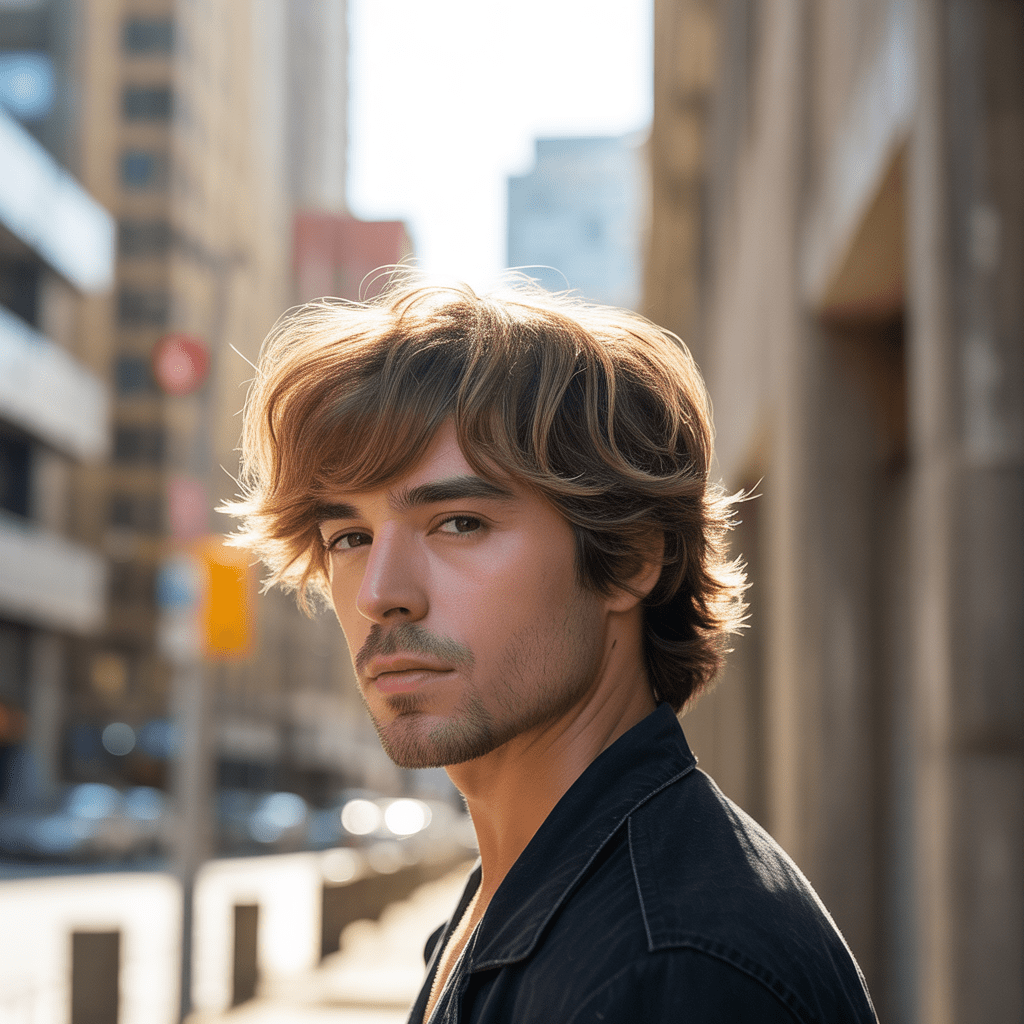 Corte Guard 16 en hombre con volumen y textura, luz natural del sol iluminando el cabello, fondo urbano.