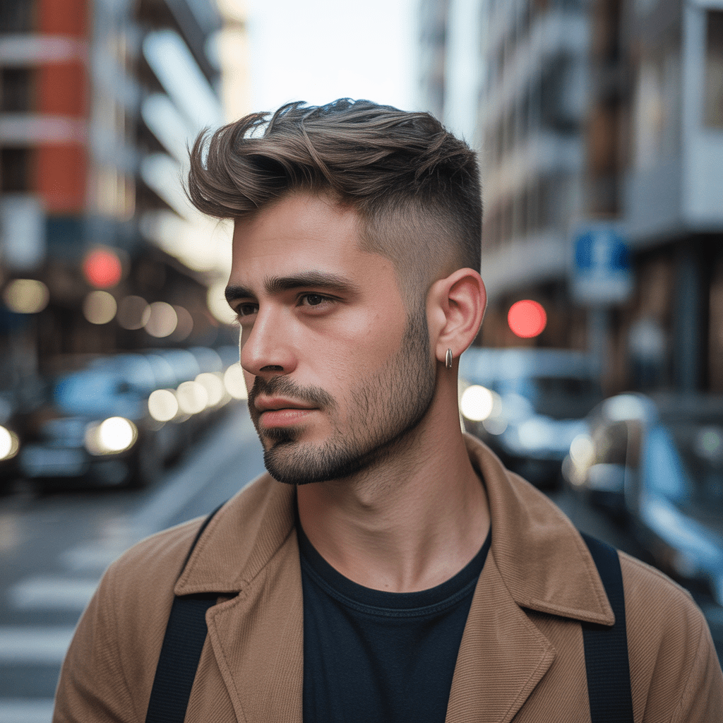 Corte de pelo Guard 16 en hombre con cabello texturizado y volumen, luz de sol suave y fondo urbano.