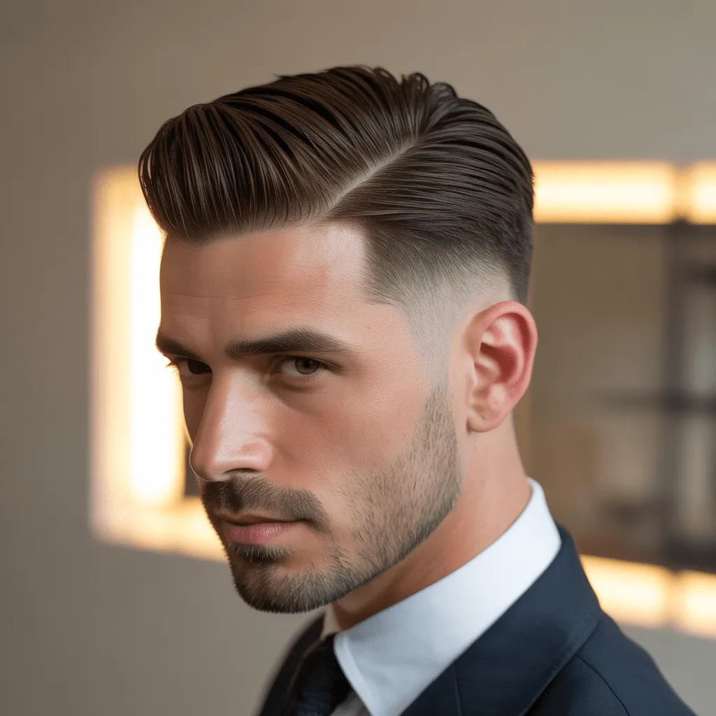 Estilo con corte Guard 16 y parte lateral profunda, look elegante, fondo cálido y ambiente minimalista.
