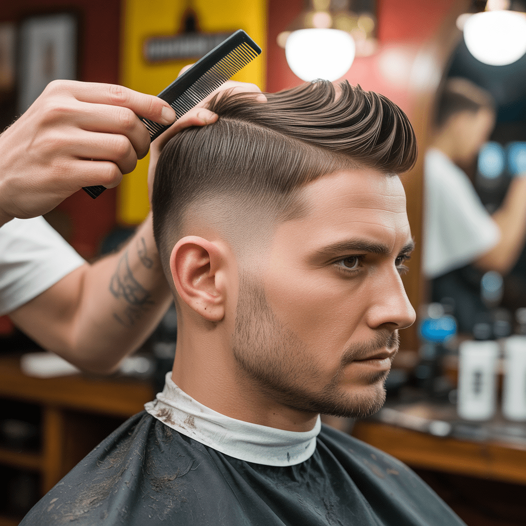 Escena 8K ultra-realista dentro de una barbería española tradicional. Un estilista profesional trabaja en un corte fohawk usando cera mate. La luz cálida natural crea un ambiente acogedor.