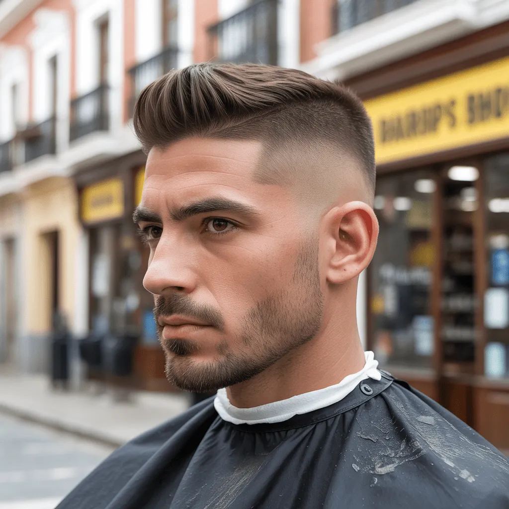 Retrato de alto detalle de un atractivo hombre moderno con un fohawk fade impecablemente limpio. La imagen 8K utiliza luz natural y suave para destacar las líneas nítidas y la textura detallada de este estilo de peluquería masculina contemporánea.