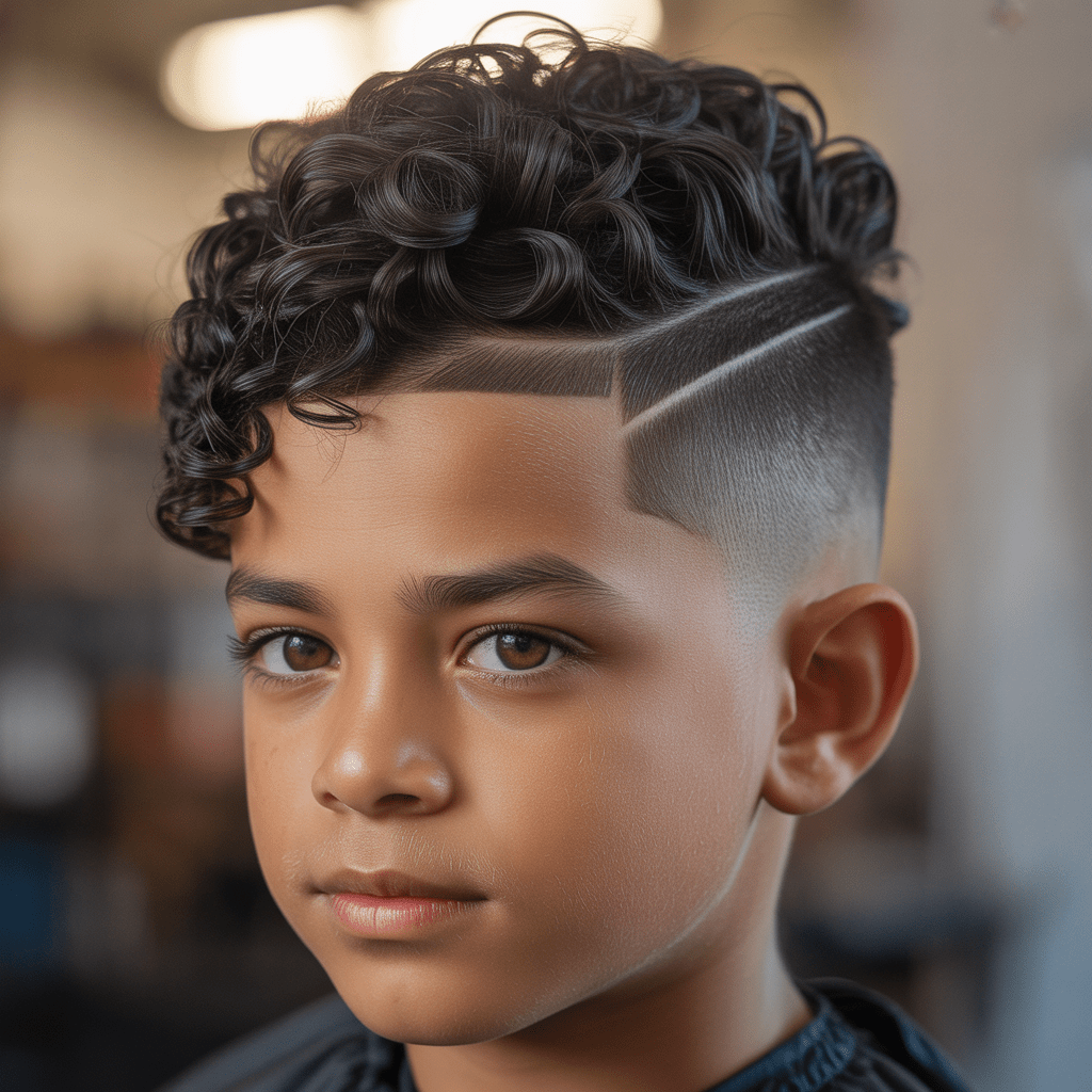 Imagen 8K generada por IA de un niño de aspecto hispano con un corte de pelo fohawk rizado. La luz suave y cálida acentúa la forma de los rizos definidos y el contraste del high fade.
